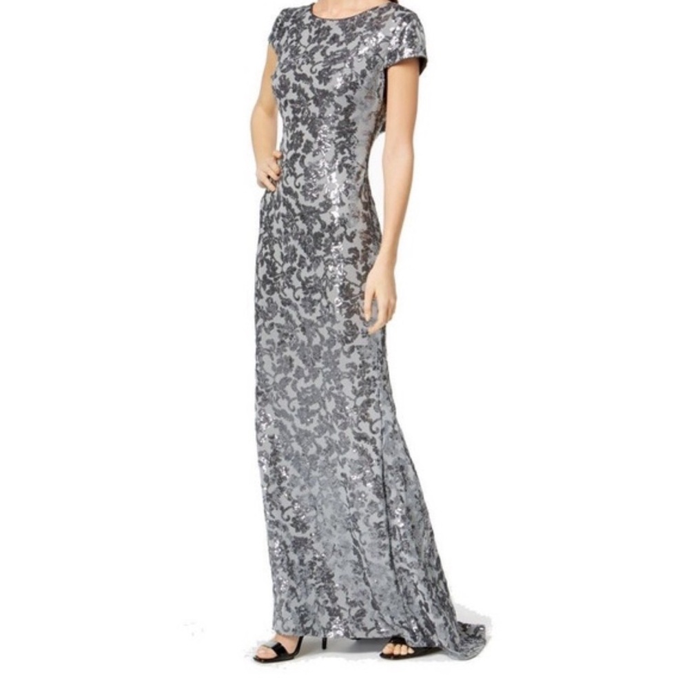 Calvin Klein Silver Gray Sequin Maxi Gown Evening Cocktail Dress